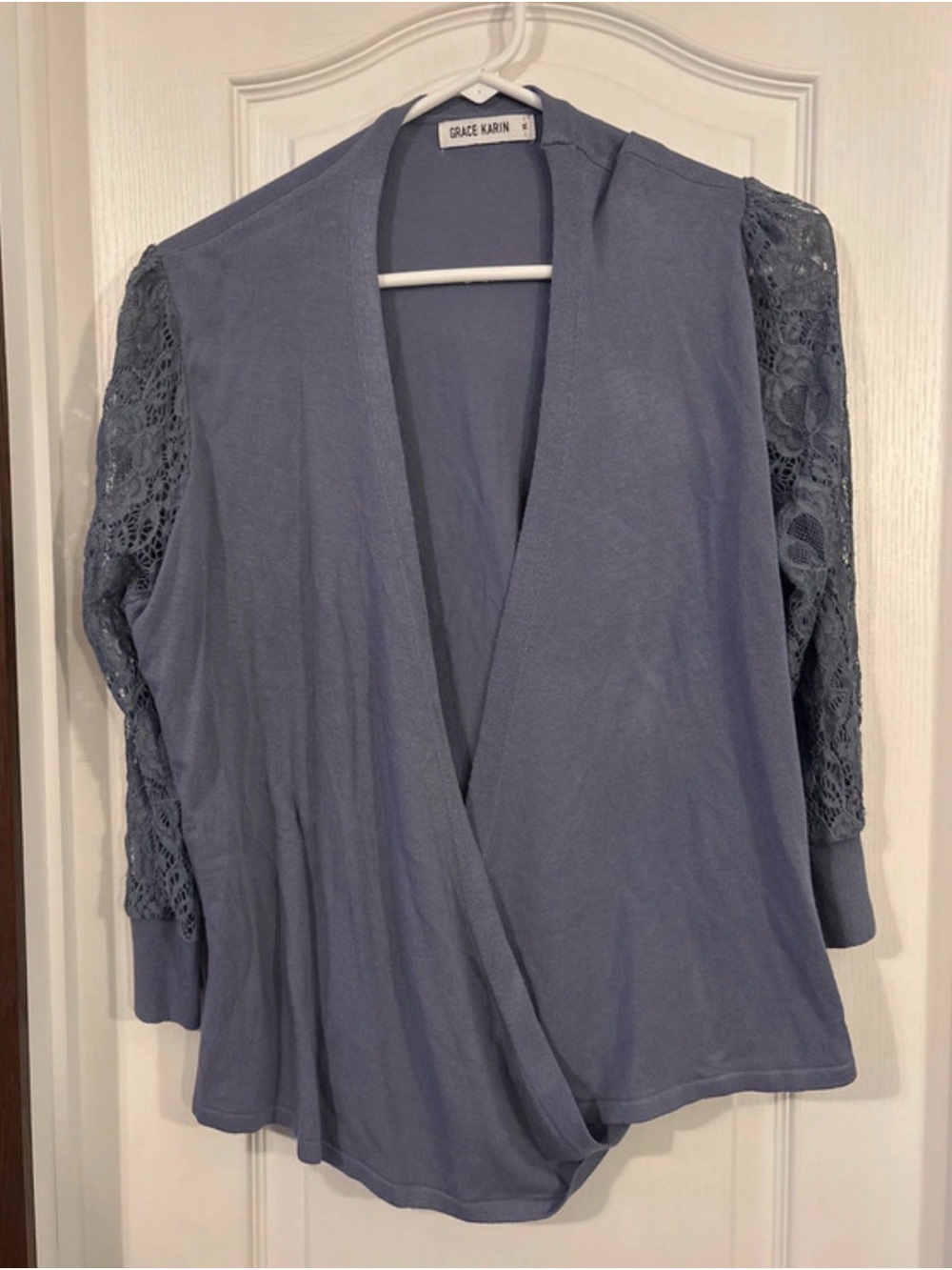 Grace Karin Slate Blue Lace-Sleeve Wrap Cardigan